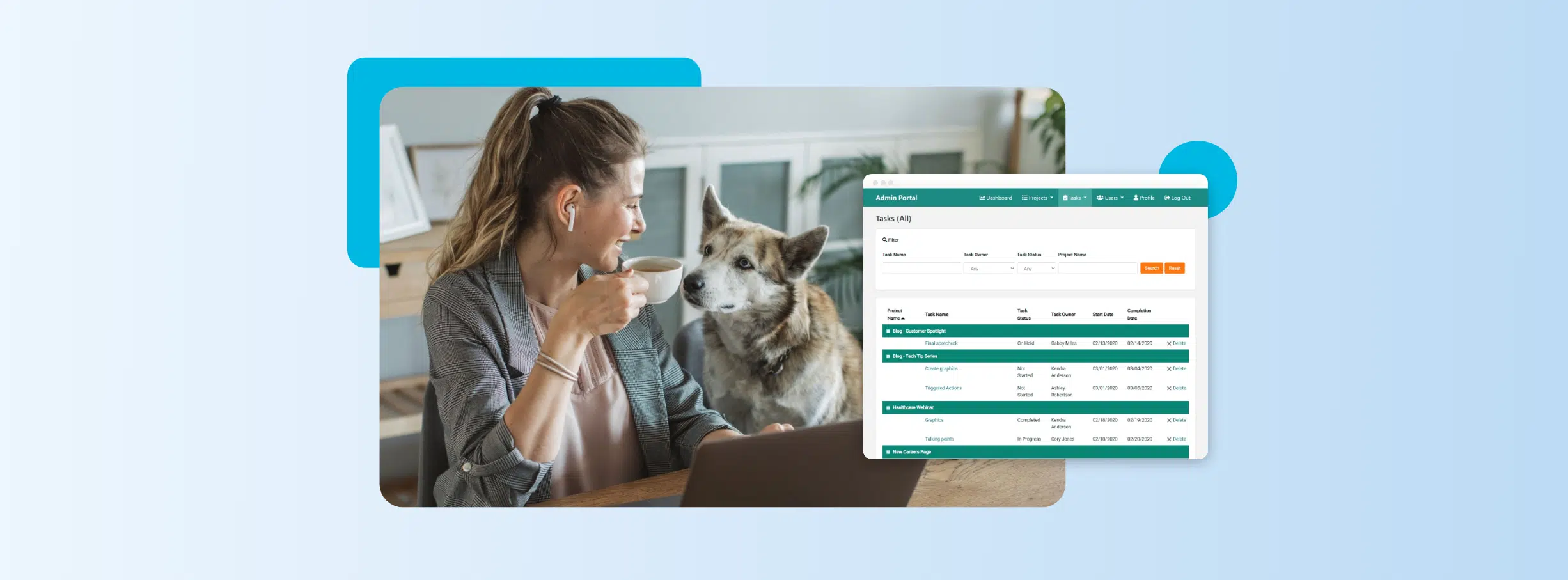Composite photo of a woman working from home with her dog, next to a screenshot of a Caspio-made app