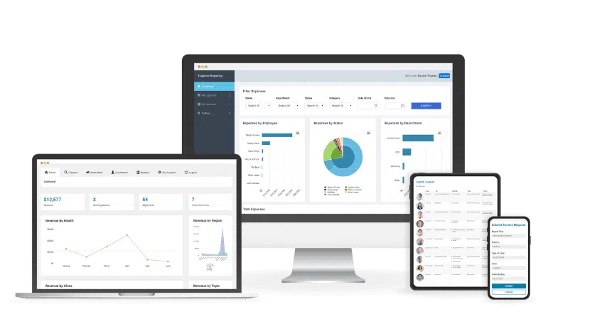 Online database application dashboards are shown across multiple devices