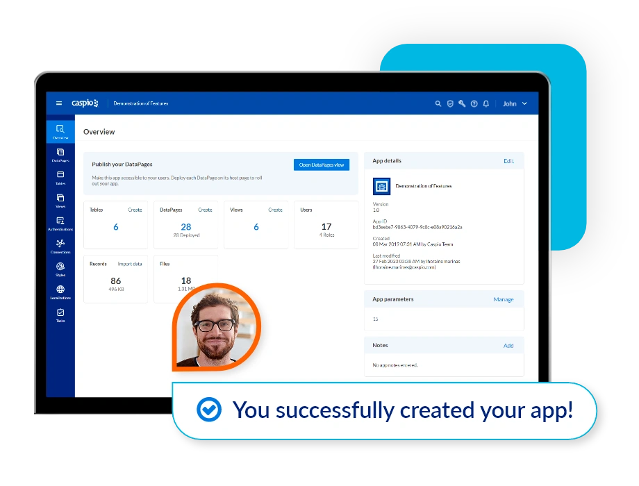 Caspio platform with user onboarded with first app